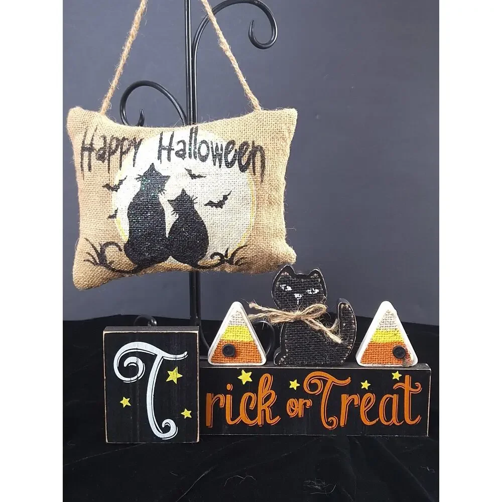 2-Piece Rustic Halloween Decor Black Cats Candy Corn Burlap Wood Sign Cute